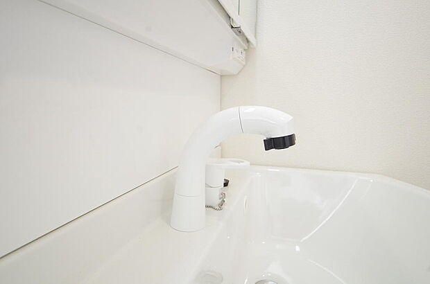 洗面台の給水口はホースが伸びるので朝シャン出来ます。シングルレバーでお湯の温度も楽々調整出来ます。