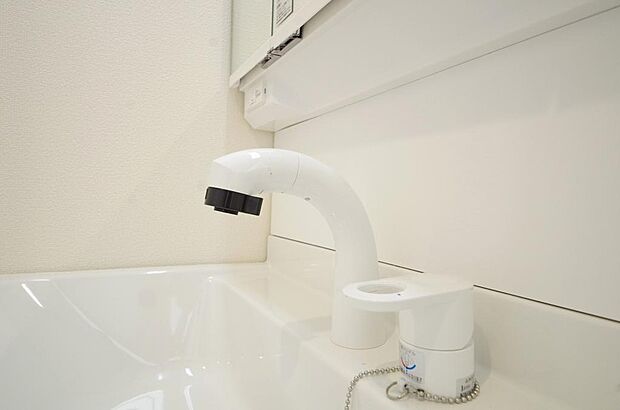 洗面台の給水口はホースが伸びるので朝シャン出来ます。シングルレバーでお湯の温度も楽々調整出来ます。