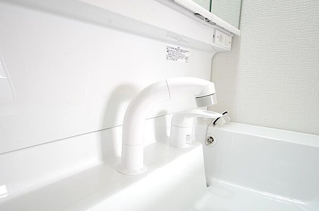 洗面台の給水口はホースが伸びるので朝シャン出来ます。シングルレバーでお湯の温度も楽々調整出来ます。