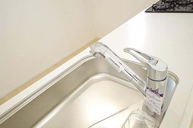 キッチンの水栓はホースが伸びますので、大きな鍋も楽に洗う事が出来ます。また、浄水器もビルトインです。