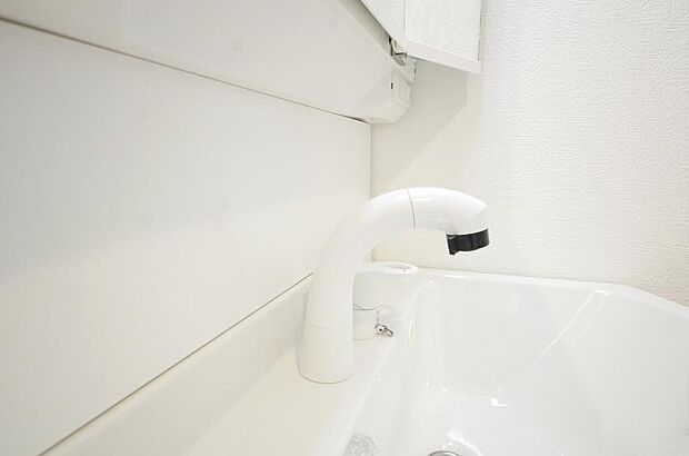 洗面台の給水口はホースが伸びるので朝シャン出来ます。シングルレバーでお湯の温度も楽々調整出来ます。