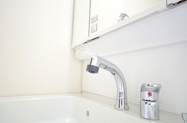 洗面台の給水口はホースが伸びるので朝シャン出来ます。シングルレバーでお湯の温度も楽々調整出来ます。