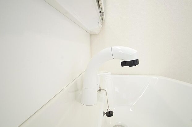 洗面台の給水口はホースが伸びるので朝シャン出来ます。シングルレバーでお湯の温度も楽々調整出来ます。