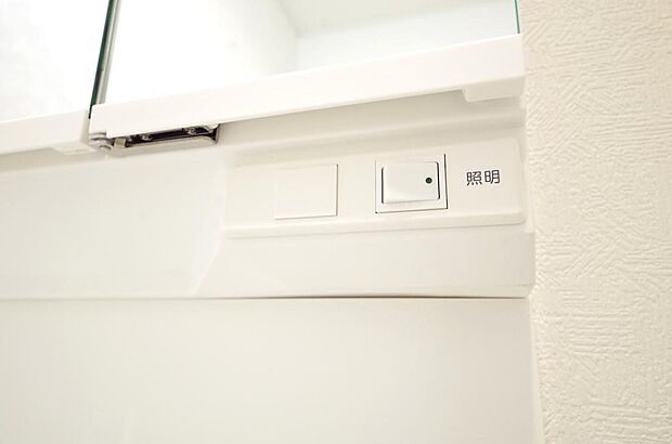 洗面台には、照明 コンセント くもり止めの3点が標準装備されております。