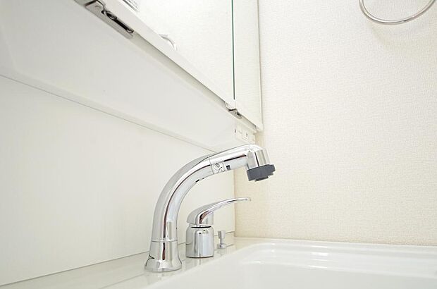 洗面台の給水口はホースが伸びるので朝シャン出来ます。シングルレバーでお湯の温度も楽々調整出来ます。