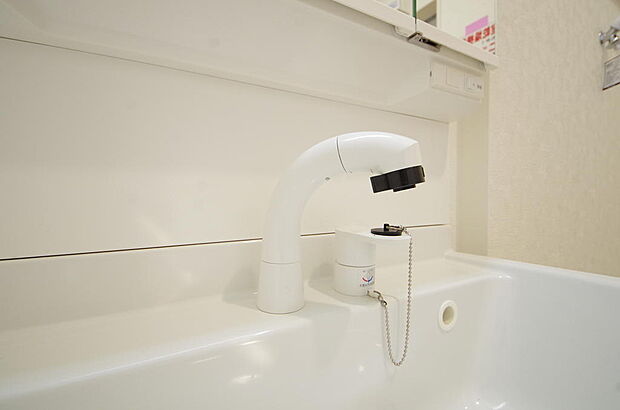 洗面台の給水口はホースが伸びるので朝シャン出来ます。シングルレバーでお湯の温度も楽々調整出来ます。
