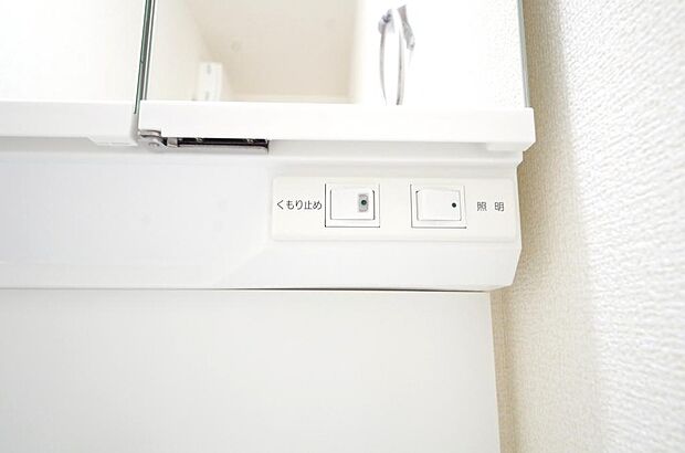 洗面台には、照明 コンセント くもり止めの3点が標準装備されております。