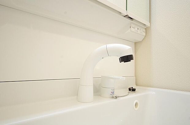 洗面台の給水口はホースが伸びるので朝シャン出来ます。シングルレバーでお湯の温度も楽々調整出来ます。