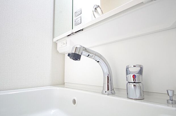 洗面台の給水口はホースが伸びるので朝シャン出来ます。シングルレバーでお湯の温度も楽々調整出来ます。