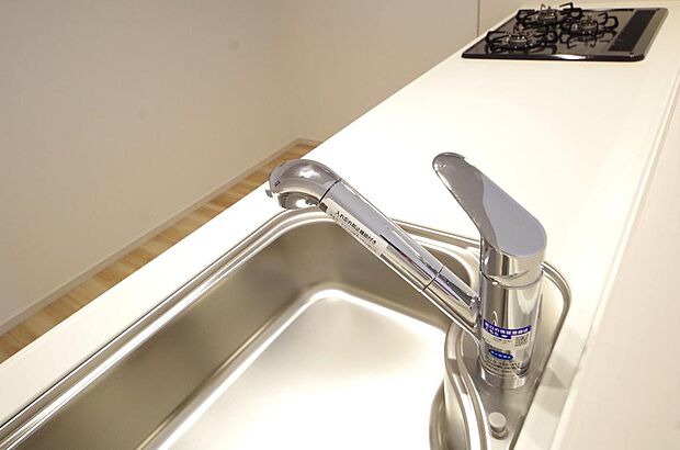 キッチンの水栓はホースが伸びますので、大きな鍋も楽に洗う事が出来ます。浄水器もビルトインです。