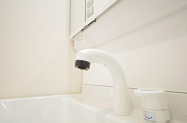 洗面台の給水口はホースが伸びるので朝シャン出来ます。シングルレバーでお湯の温度も楽々調整出来ます。
