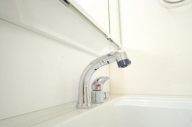 洗面台の給水口はホースが伸びるので朝シャン出来ます。シングルレバーでお湯の温度も楽々調整出来ます。