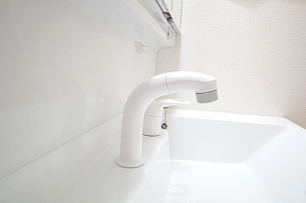 洗面台の給水口はホースが伸びるので朝シャン出来ます。シングルレバーでお湯の温度も楽々調整出来ます。