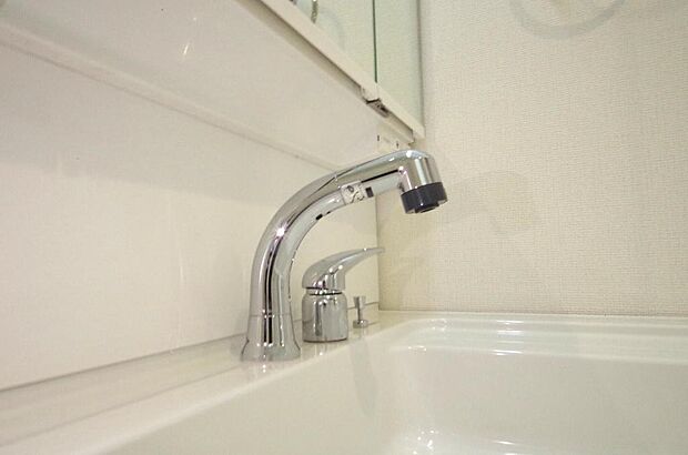 洗面台の給水口はホースが伸びるので朝シャン出来ます。シングルレバーでお湯の温度も楽々調整出来ます。