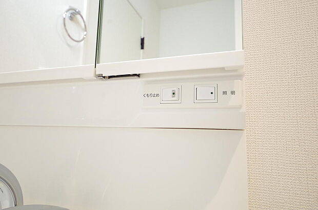 洗面台には、照明とコンセントが標準装備されております。コンセントの容量は1200Wまで大丈夫です。