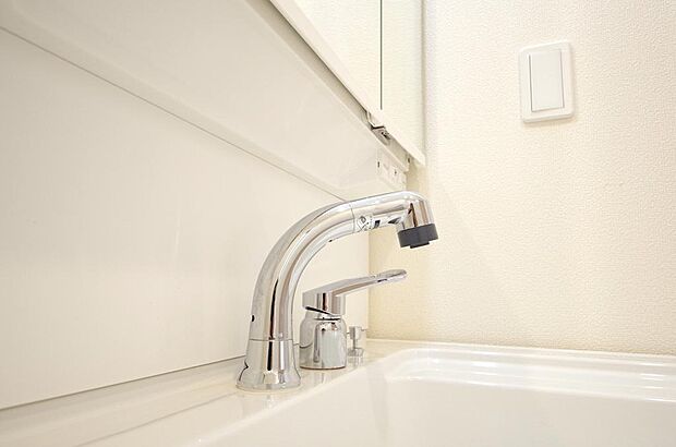 洗面台の給水口はホースが伸びるので朝シャン出来ます。シングルレバーでお湯の温度も楽々調整出来ます。