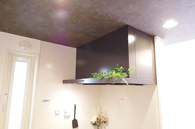 キッチン上部には、ブーツ型の照明付きのレンジフードが標準装備されております。