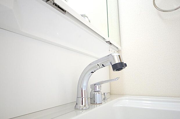 洗面台の給水口はホースが伸びるので朝シャン出来ます。シングルレバーでお湯の温度も楽々調整出来ます。