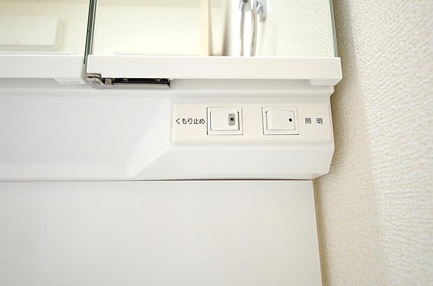 洗面台には、照明 コンセント くもり止めの3点が標準装備されております。