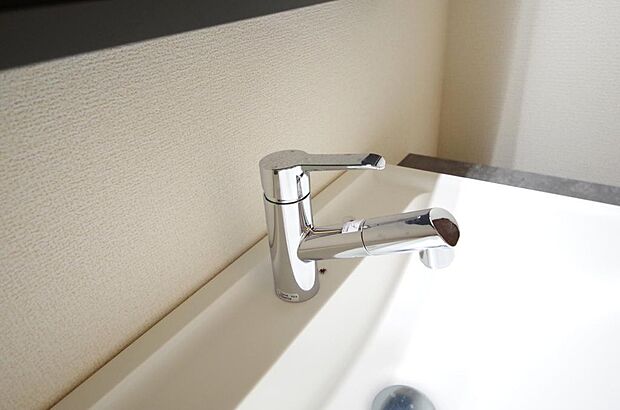 洗面台の給水口はホースが伸びるので朝シャン出来ます。シングルレバーでお湯の温度も楽々調整出来ます。