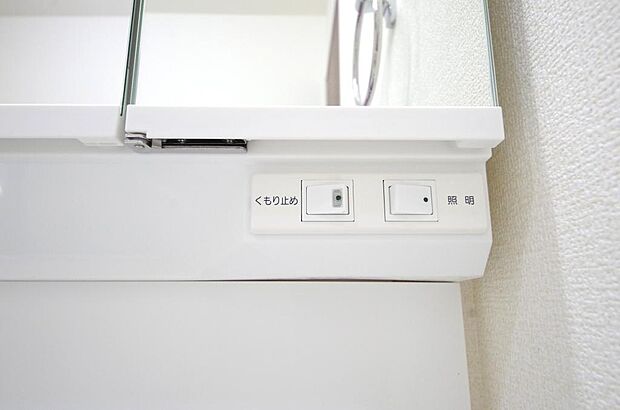 洗面台には、照明　コンセント　くもり止めの３点が標準装備されております。