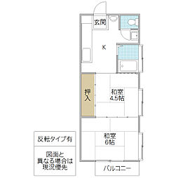 ワタナベハイツ 1階2Kの間取り