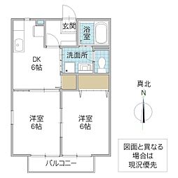 ハニーハイム 2階2DKの間取り