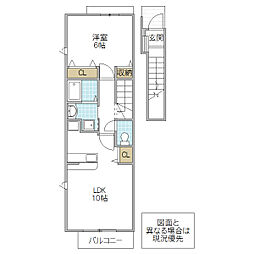 グリーンヒルズヴィラ II 2階1LDKの間取り