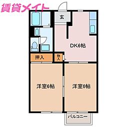 ムーンリバーサイドＢ棟 2階2DKの間取り