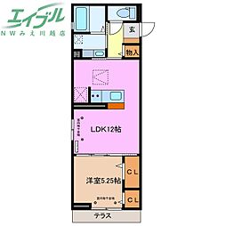 ボヌール江場 1階1LDKの間取り
