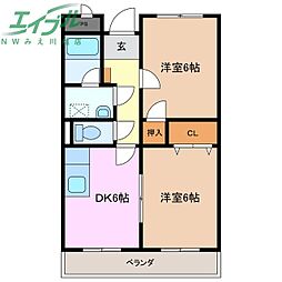 Ｌｉｍｐｉａハーモニー 1階2DKの間取り