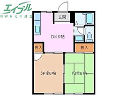 シティーハイツレインボーA棟 1階2DKの間取り