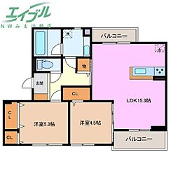 D-chambre新矢田 2階2LDKの間取り