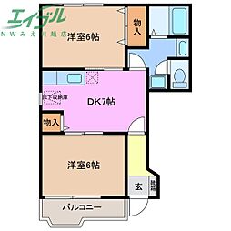 プリムヴェル1 2DKの間取図画像