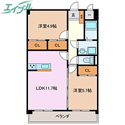 プリリアンスＴＡＫＥＫＯＳＨＩ　Ａ 1階2LDKの間取り
