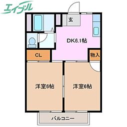 ラフォーレ新正Ｂ 1階2DKの間取り