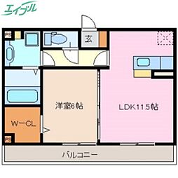 プール・トゥジュール　B棟 2階1LDKの間取り