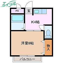 エバーグリーン森 2階1Kの間取り