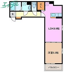 ヒカルサ四日市西浜田 1LDKの間取図画像