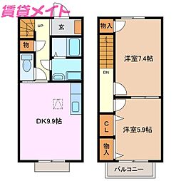 Ｐｒｉｍｅｒａ　Ａ 1階2DKの間取り