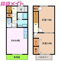 Ｐｒｉｍｅｒａ　Ｂ 1階2DKの間取り