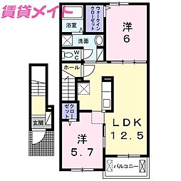 グレイスＫ　楠　Ａ 2階2LDKの間取り