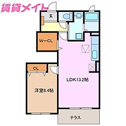 リアンヴィラージュＢ棟 1階1LDKの間取り