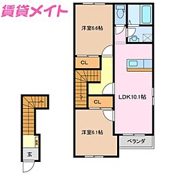 近鉄鈴鹿線 三日市駅 徒歩5分の賃貸アパート 2階2LDKの間取り