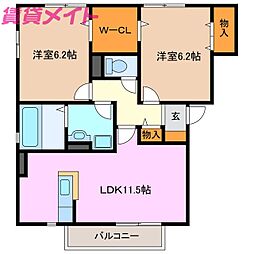 ハピネストA棟 2LDKの間取図画像