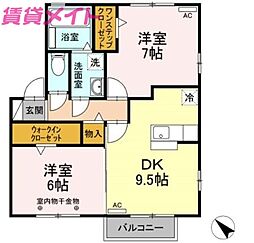 シダーフィールドB 2DKの間取図画像