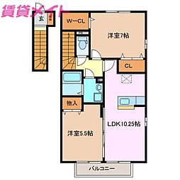 グランドソレーユ　B 2階2LDKの間取り