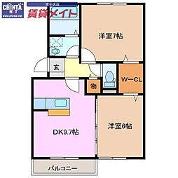 プレミール ボヌール　Ｊ 2階2DKの間取り