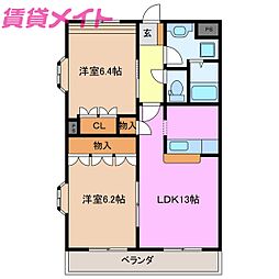 エルピスハイムB棟 1階2LDKの間取り