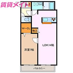 ウッドベルスクエアB棟 2階1LDKの間取り